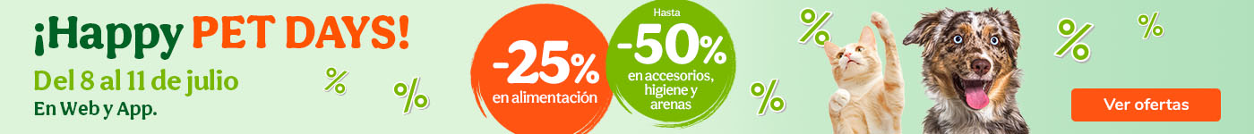 ¡Llegan los Happy Pet Days! Hasta un 25% de dto en alimentación y un 50% de dto en una selección de accesorios, higiene y arenas.