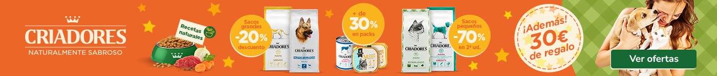 Criadores: Más del 30% dto en comida húmeda, 20% dto en sacos grandes de pienso, 70% de dto en 2ª ud de sacos pequeños de pienso para tu peludo ¡y 30€ de regalo!.