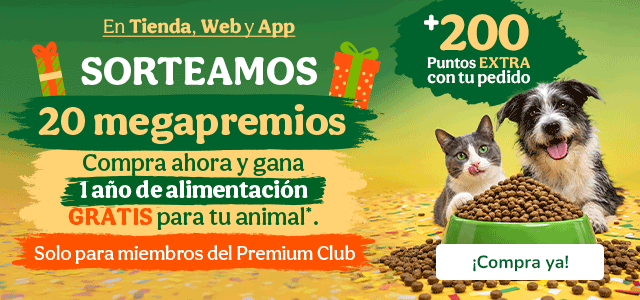Exclusivo para miembros del Club Premium ¡Sorteo de Aniversario! Compra ahora y gana un año de comida gratis para tu animal + 200 puntos extra en tu cuenta de cliente.  