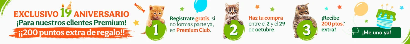 ¡Aniversario Tiendanimal! Hazte premium y consigue 200 puntos con tu compra.