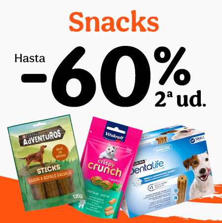 Hasta 60% dto en la 2.ª unidad en snacks para tu peludo.