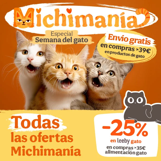 ¡MICHIMANIA! 25% dto en la gama de productos Leeby y envío gratis en pedidos >39€ en una selección de productos para gato.
