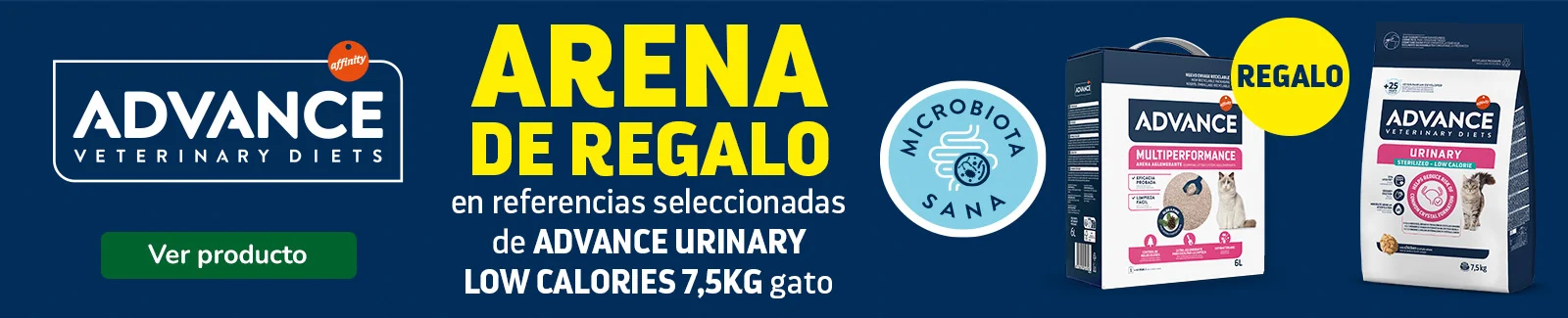 Advance: 20% dto en packs de comida húmeda veterinaria y pienso Urinary con regalo de arena para gato.