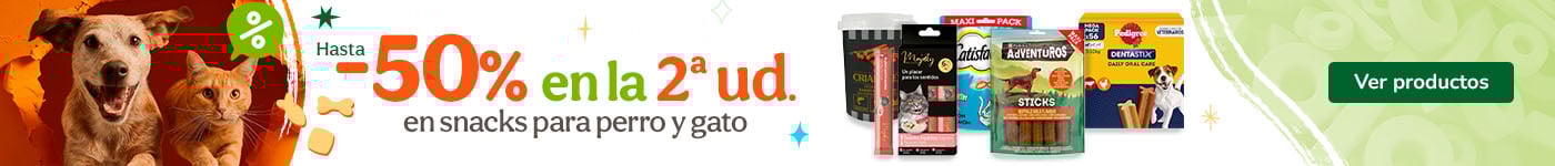 50% dto en la 2ª unidad de snacks para perros y gatos.
