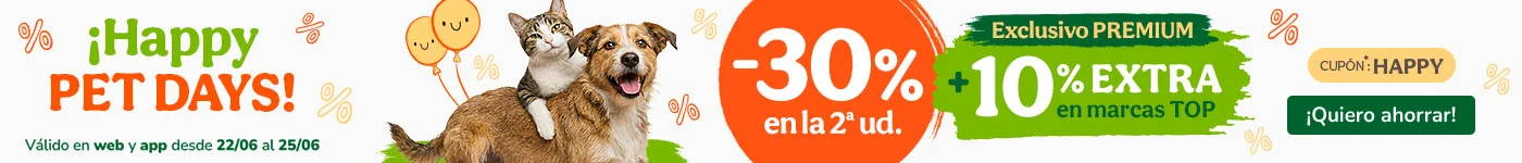 -30% en la 2ª ud. en alimentación, accesorios y productos de higiene y si te unes o eres de nuestro Premium Club tendrás -10% extra en una selección de marcas TOP. Cupón HAPPY