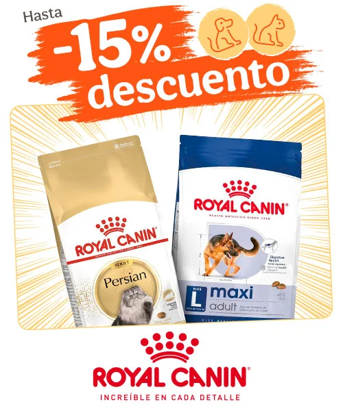 Royal Canin: 15% dto en pienso para perros y 10% dto en pienso para gatos.