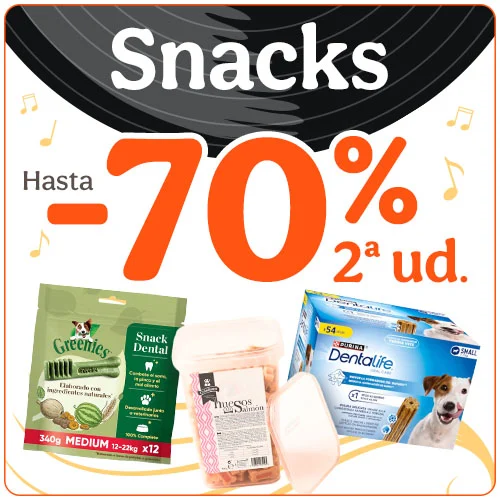 Hasta 70% dto en la 2ª ud de snacks para perros.