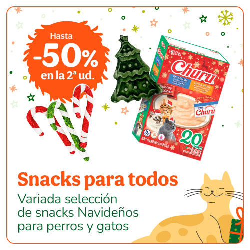 50% de descuento en la 2.ª unidad de snacks navideños para perros.