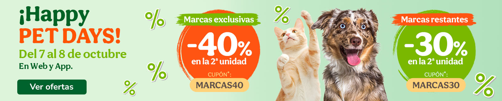Hasta -40% en la 2ª ud. en alimentación, accesorios y productos de higiene. Cupones MARCAS40 o MARCAS30