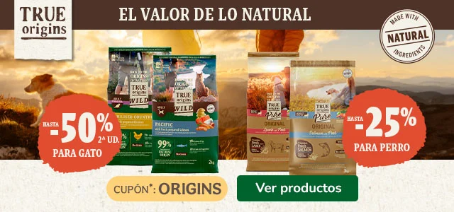 True Origins: Hasta 25% dto en pienso perro y 50% dto en 2ª ud de pienso gato.