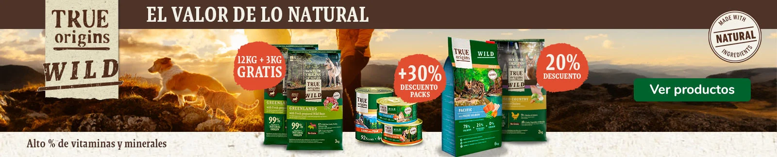 True Origins Wild: Pienso para perros con kilos gratis, hasta 25% dto en packs de comida h&uacute;meda para perros, 20% dto en pienso para gatos y hasta 33% dto en packs de comida h&uacute;meda para gatos.