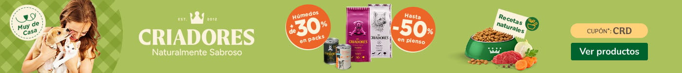 Criadores: Hasta 50% dto en la 2ª unidad de pienso y +30% dto en packs de comida húmeda para perros.