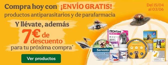¡Envio gratis!: con la compra de antiparasitarios y parafarmacia y consigue 7€ de descuento en tu próxima compra