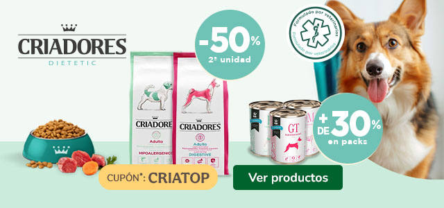 Criadores: 50% dto en la 2ª unidad de pienso veterinario y +30% dto en packs de comida húmeda para perros.