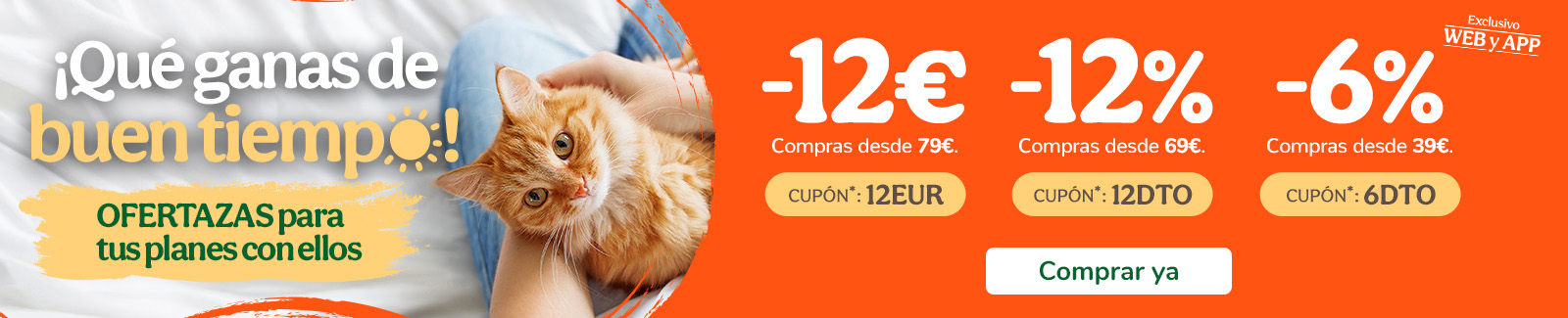 -12€, -12% o -6% dto en tu compra de alimentación, accesorios e higiene con los cupones 12EUR, 12DTO o 6DTO