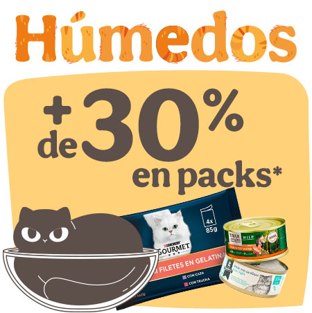 Más del 30% de descuento en packs de comida húmeda para gato.