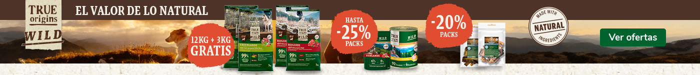 True Origins Wild: Pienso para perros con 3 kg gratis, hasta 25% dto en packs de comida húmeda y 20% dto en packs de snacks para perros.