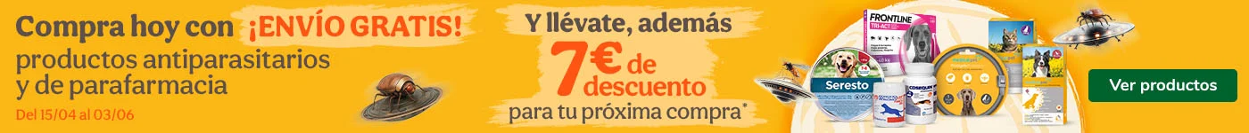 ¡Envio gratis!: con la compra de antiparasitarios y parafarmacia y, además, regalo cupón para tu próxima compra.