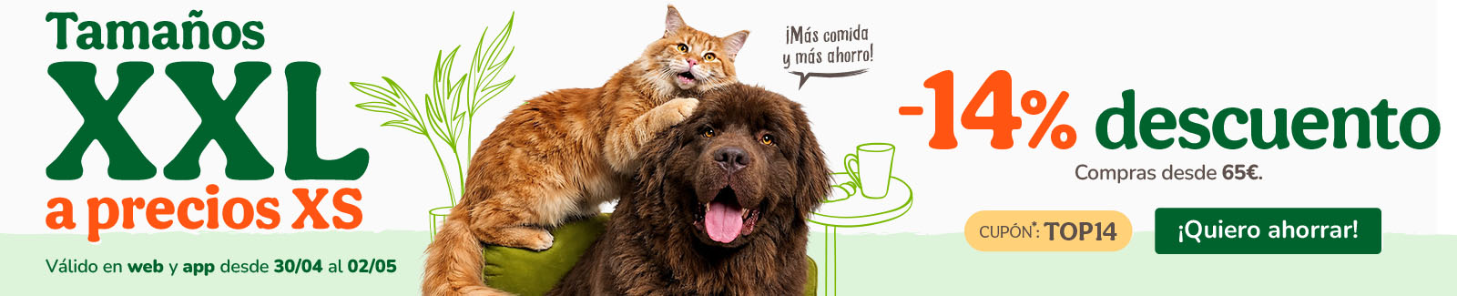 -14%  de dto. en alimentaci&oacute;n, accesorios y productos de higiene. Cup&oacute;n TOP14