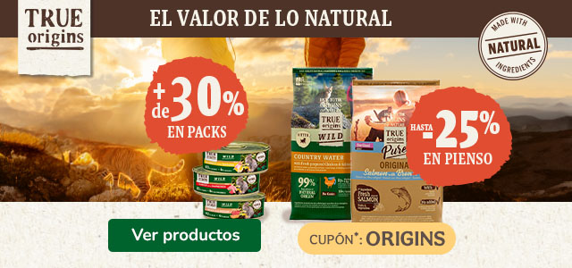 True Origins: 25% dto en pienso y +30% dto en packs de comida húmeda para gatos.