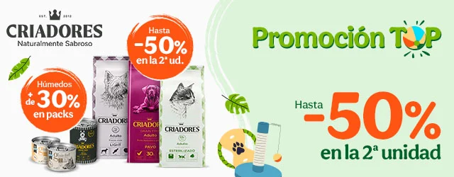 Criadores: Hasta 50% dto en la 2ª unidad de pienso y +30% dto en packs de comida húmeda para tu peludo.