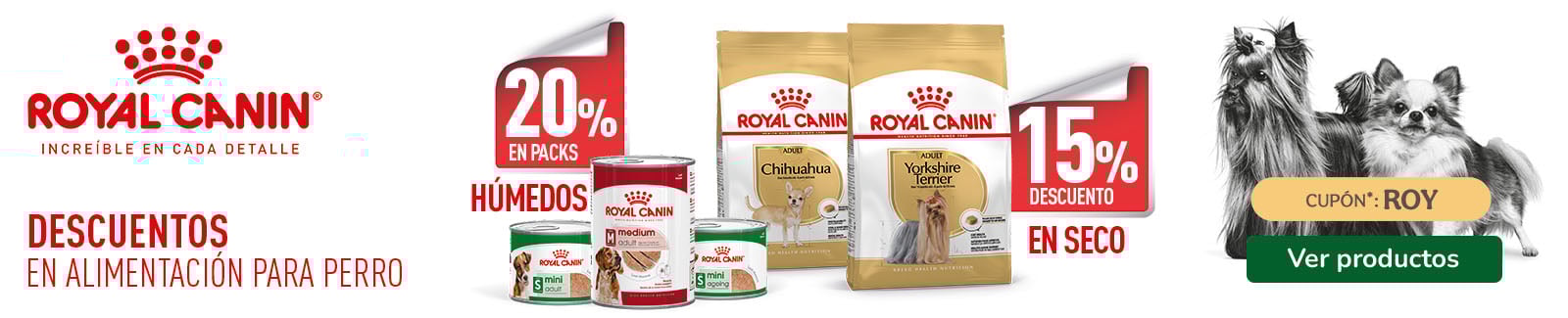 Royal Canin: 15% dto en pienso y 20% dto en packs de comida h&uacute;meda para perros.