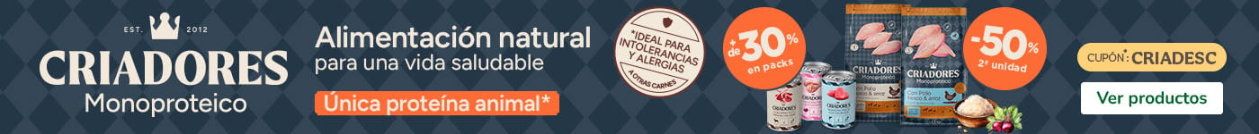 Criadores Monoproteico: 50% dto en la 2ª unidad de pienso y +30% dto en packs de comida húmeda para perros.