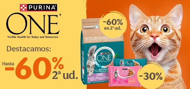 Purina One: 60% de descuento en la 2ª unidad de pienso y 30% de descuento en packs de comida húmeda para gato.