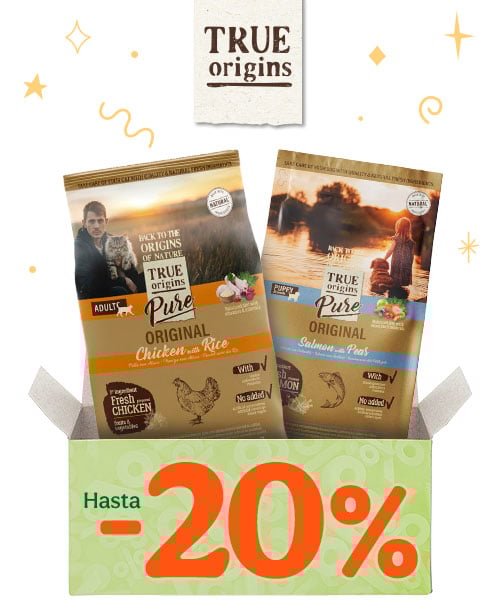 True Origins: Hasta 20% dto en piensos y +30% dto en packs húmedos.
