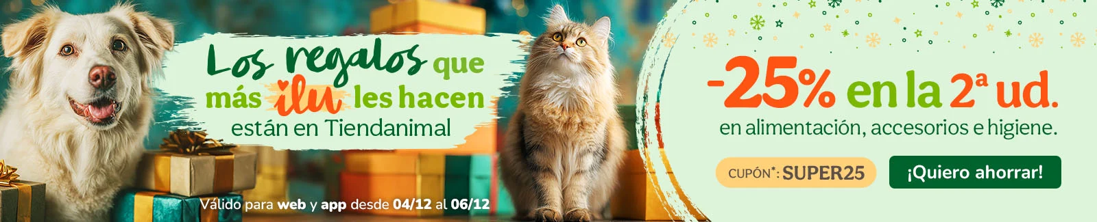 -25% en la 2ª ud. en alimentación, accesorios y productos de higiene. Cupón SUPER25.