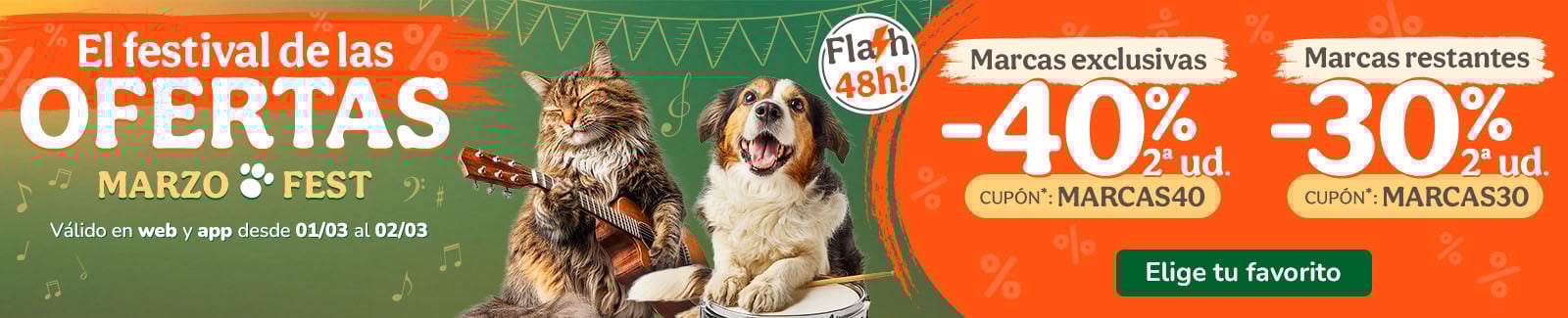 Hasta -40% en la 2&ordf; ud. en alimentaci&oacute;n, accesorios y productos de higiene. Cupones MARCAS40 o MARCAS30