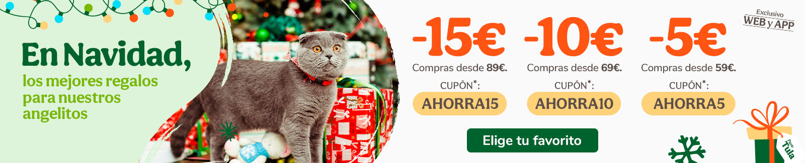 -15%, -10% o -5% dto en tu compra de alimentación, accesorios e higiene con los cupones AHORRA15, AHORRA10 o AHORRA5