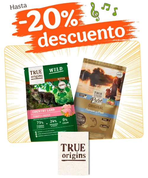 True Origins: Hasta 20% dto en piensos, +30% dto en packs húmedos y 50% dto en la 2ª unidad de snacks para tu peludo.