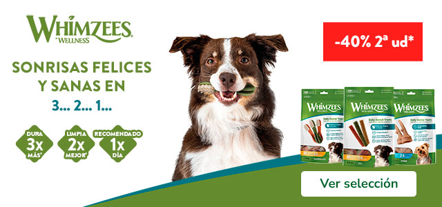 Whimzees: 40% dto en la 2ª unidad de snacks para perros.