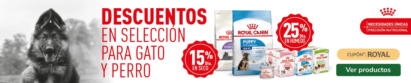 Royal Canin: 15% dto en pienso y 25% dto en packs de comida h&uacute;meda para tu peludo.