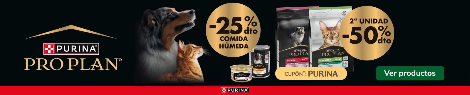 Pro Plan: 50% dto en la 2&ordf; unidad de pienso y 25% dto en packs de comida h&uacute;meda para tu peludo.