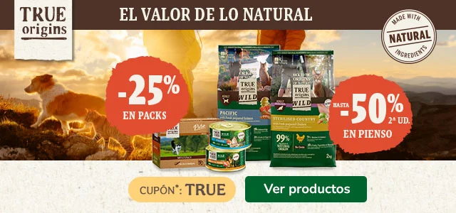 True Origins: Hasta 50% dto en la 2ª unidad de pienso y 25% dto en packs de comida húmeda para gatos.
