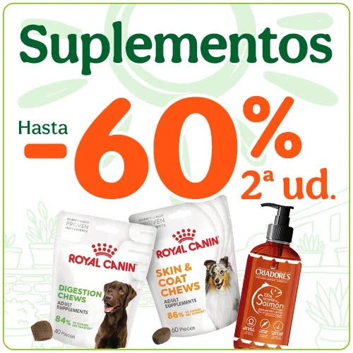 Hasta 60% dto en la 2ª unidad de suplementos para tu peludo.