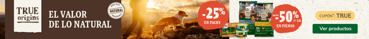 True Origins: Hasta 50% dto en la 2ª unidad de pienso y 25% dto en packs de comida húmeda para gatos.