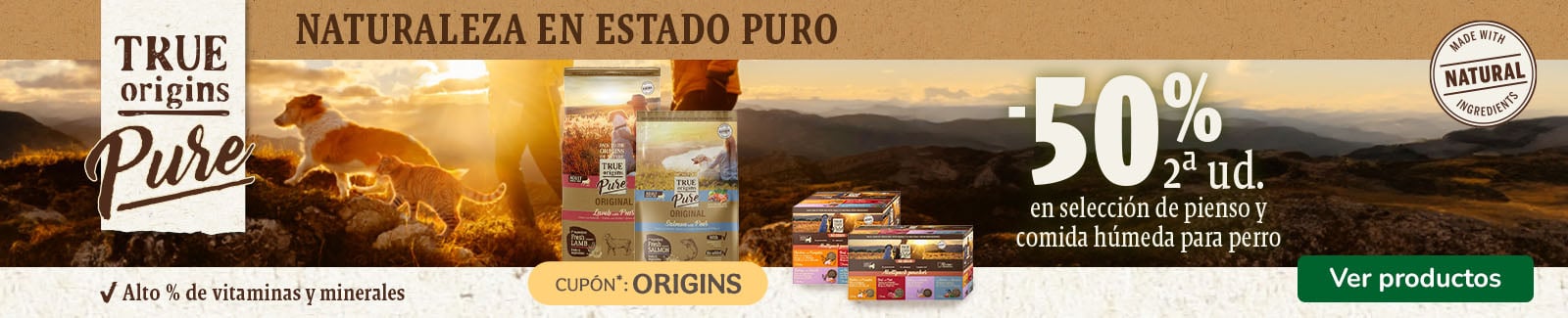 True Origins Pure: 50% dto en la 2&ordf; unidad de pienso y de comida h&uacute;meda para perros.