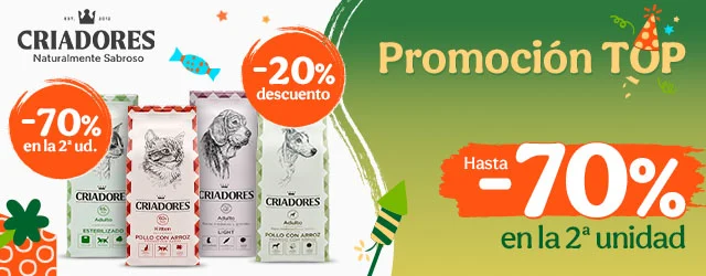 Criadores: 20% dto en pienso para perros y hasta 70% dto en la 2ª unidad de pienso para gatos.