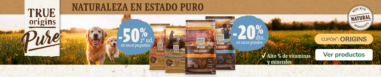 True Origins Pure: 20% dto en sacos grandes y 50% dto en la 2ª unidad de sacos pequeños de pienso para perros.