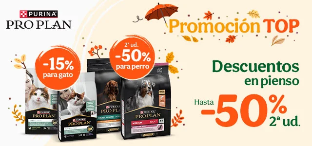 Pro Plan: 50% dto en la 2ª unidad y Pro Plan Live Clear: 15% dto en piensos para gato.