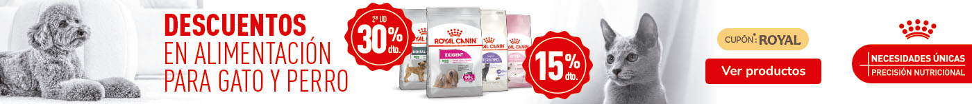 Royal Canin: 15% dto en pienso para gatos y 30% dto en la 2ª unidad de pienso para perros.