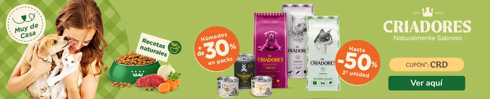 Criadores: Hasta 50% dto en la 2&ordf; unidad de pienso y +30% dto en packs de comida h&uacute;meda para tu peludo.