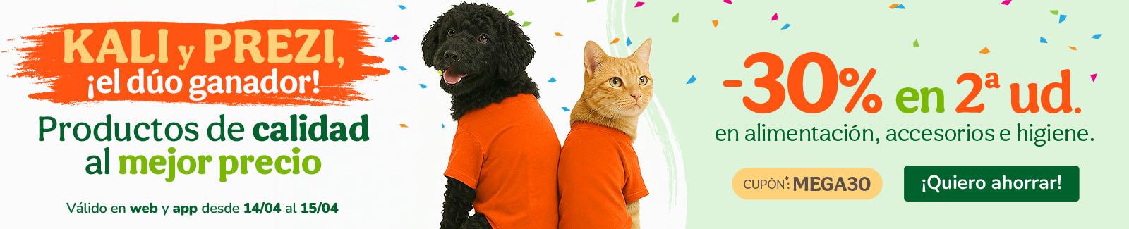 -30% en la 2&ordf; ud. en alimentaci&oacute;n, accesorios y productos de higiene. Cup&oacute;n MEGA30