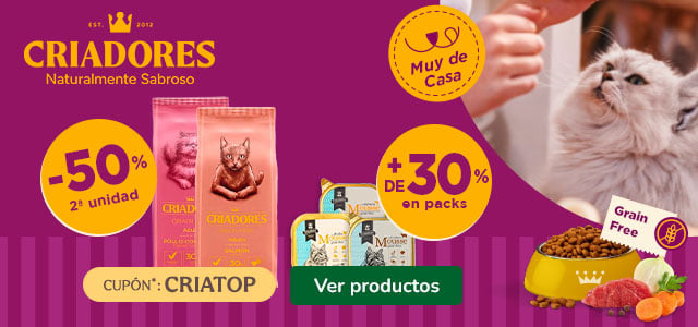 Criadores Grain Free: 50% dto en la 2ª unidad de pienso y +30% dto en packs de comida húmeda para gatos.