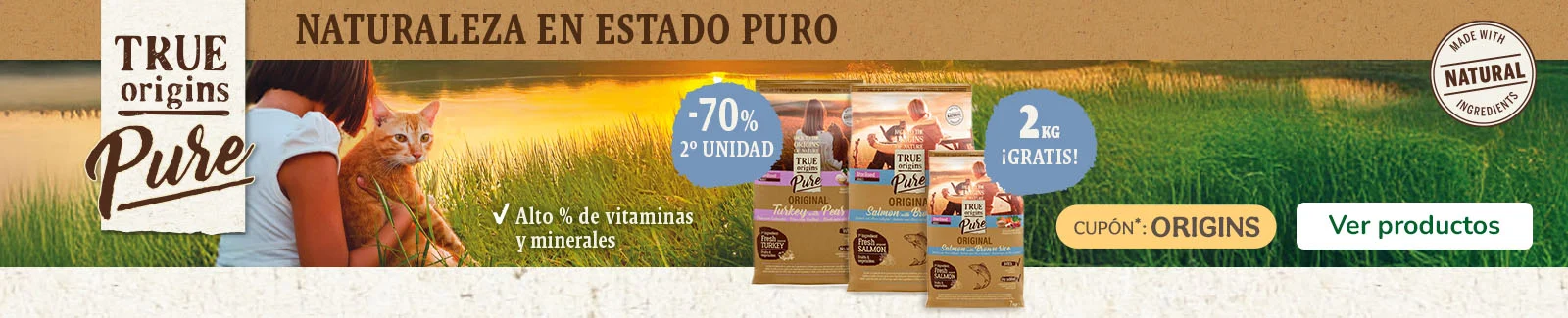 True Origins Pure: 7+2 unidades gratis y 70% de descuento en la segunda unidad de pienso para gatos.
