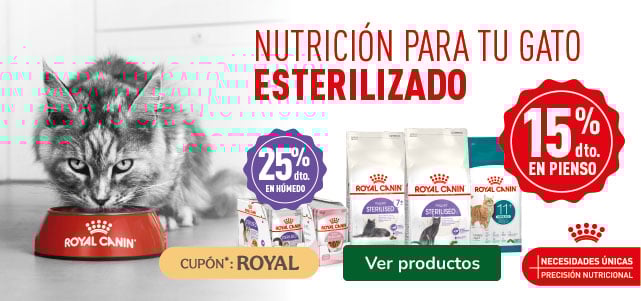 Royal Canin: 15% dto en pienso y 25% dto en packs de comida húmeda para gatos.