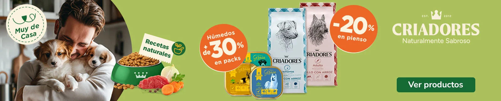 Criadores: 20% dto en pienso y +30% dto en packs de comida h&uacute;meda para perros.